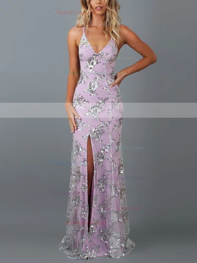 Trumpet/Mermaid V-neck Lace Tulle Sweep Train Split Front Prom Dresses #Favs020107814