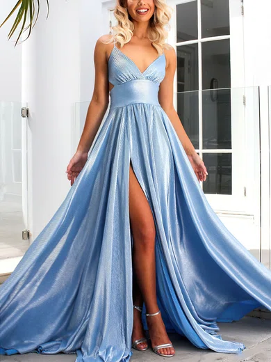 A-line V-neck Glitter Sweep Train Split Front Prom Dresses #Favs020107815