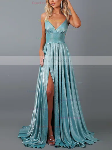 A-line V-neck Glitter Sweep Train Split Front Prom Dresses #Favs020107815