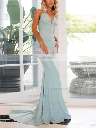 Trumpet/Mermaid Halter Glitter Sweep Train Bow Prom Dresses #Favs020107817