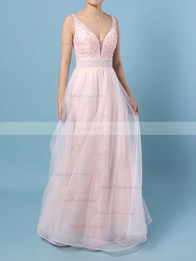 Princess V-neck Lace Tulle Floor-length Crystal Detailing Prom Dresses #Favs020104814