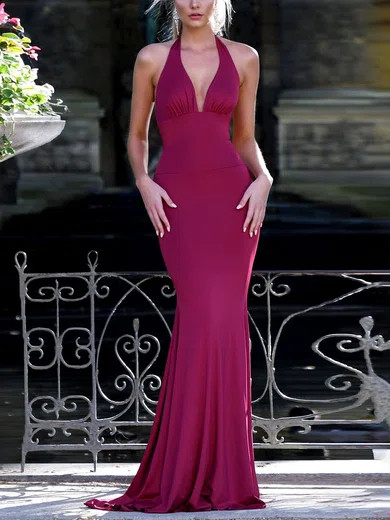 Trumpet/Mermaid Halter Jersey Sweep Train Bow Prom Dresses #Favs020107818