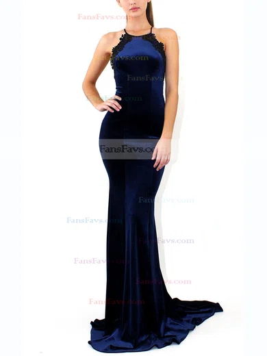 Trumpet/Mermaid Scoop Neck Velvet Sweep Train Lace Prom Dresses #Favs020107819