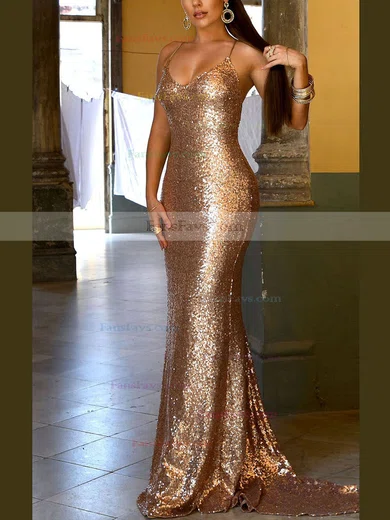 Trumpet/Mermaid V-neck Sequined Sweep Train Prom Dresses #Favs020107822