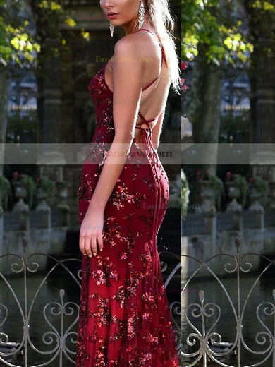 Trumpet/Mermaid V-neck Lace Tulle Sweep Train Sequins Prom Dresses #Favs020107826