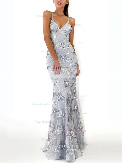 Trumpet/Mermaid V-neck Lace Tulle Sweep Train Sequins Prom Dresses #Favs020107826