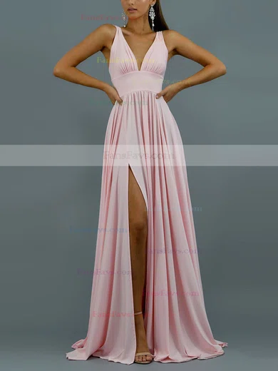 A-line V-neck Jersey Sweep Train Split Front Prom Dresses #Favs020107832