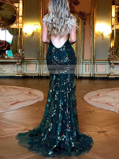 Trumpet/Mermaid V-neck Lace Tulle Sweep Train Sequins Prom Dresses #Favs020107833