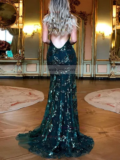 Trumpet/Mermaid V-neck Lace Tulle Sweep Train Sequins Prom Dresses #Favs020107833