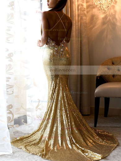 Trumpet/Mermaid V-neck Sequined Sweep Train Beading Prom Dresses #Favs020107842