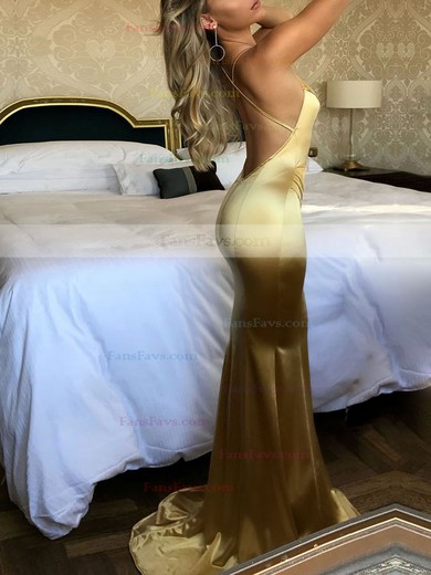 Trumpet/Mermaid V-neck Silk-like Satin Sweep Train Ruffles Prom Dresses #Favs020107846