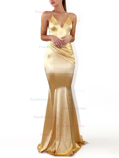 Trumpet/Mermaid V-neck Silk-like Satin Sweep Train Ruffles Prom Dresses #Favs020107846