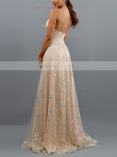 A-line V-neck Lace Tulle Sweep Train Split Front Prom Dresses #Favs020107847