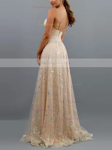 A-line V-neck Lace Tulle Sweep Train Split Front Prom Dresses #Favs020107847