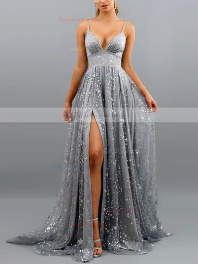 A-line V-neck Lace Tulle Sweep Train Split Front Prom Dresses #Favs020107847