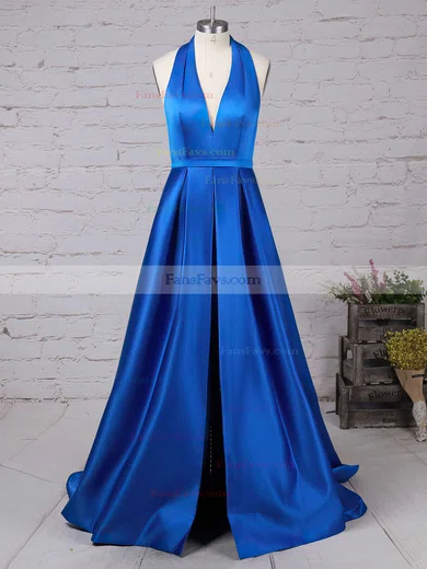 A-line Halter Satin Floor-length Split Front Prom Dresses #Favs020104823