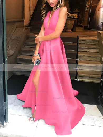 A-line Halter Satin Floor-length Split Front Prom Dresses #Favs020104823