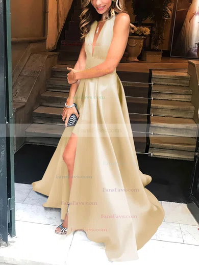 A-line Halter Satin Floor-length Split Front Prom Dresses #Favs020104823