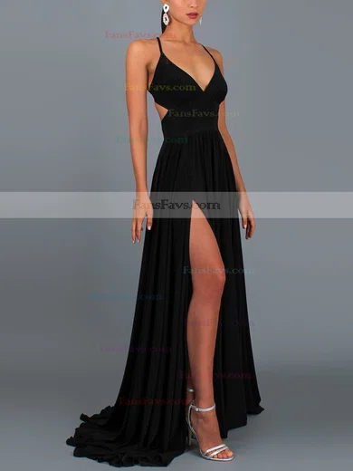 A-line V-neck Jersey Sweep Train Split Front Prom Dresses #Favs020107848