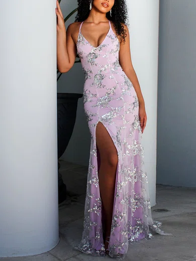 Trumpet/Mermaid V-neck Tulle Lace Sweep Train Sequins Prom Dresses #Favs020107851