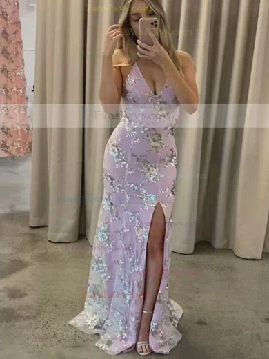 Trumpet/Mermaid V-neck Tulle Lace Sweep Train Sequins Prom Dresses #Favs020107851