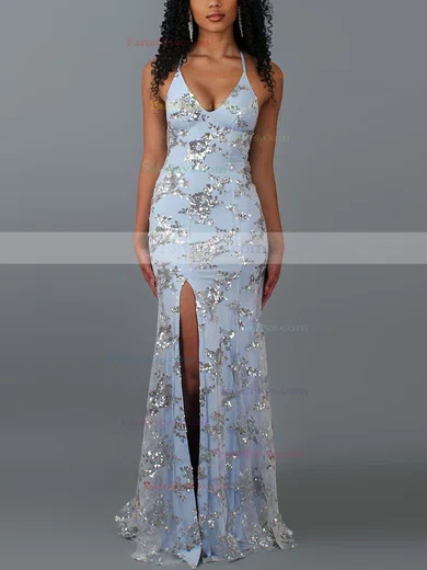 Trumpet/Mermaid V-neck Tulle Lace Sweep Train Sequins Prom Dresses #Favs020107851