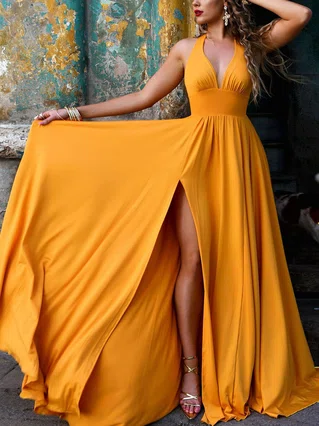 A-line Halter Jersey Sweep Train Split Front Prom Dresses #Favs020107856