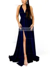 A-line Halter Jersey Sweep Train Split Front Prom Dresses #Favs020107856