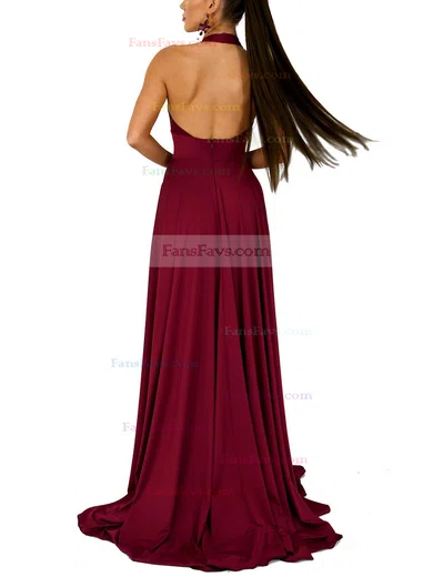 A-line Halter Jersey Sweep Train Split Front Prom Dresses #Favs020107857