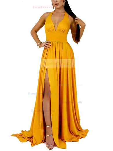A-line Halter Jersey Sweep Train Split Front Prom Dresses #Favs020107857