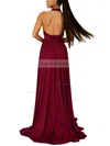 A-line Halter Jersey Sweep Train Split Front Prom Dresses #Favs020107857