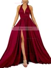 A-line Halter Jersey Sweep Train Split Front Prom Dresses #Favs020107857