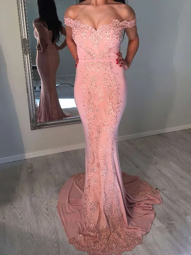 Trumpet/Mermaid Off-the-shoulder Jersey Sweep Train Appliques Lace Prom Dresses #Favs020104826