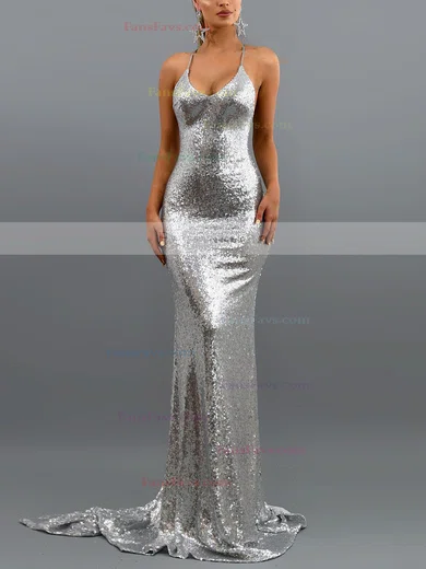 Trumpet/Mermaid V-neck Sequined Sweep Train Prom Dresses #Favs020107863