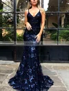 Trumpet/Mermaid V-neck Lace Tulle Sweep Train Sequins Prom Dresses #Favs020107864