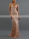 Trumpet/Mermaid V-neck Lace Tulle Sweep Train Sequins Prom Dresses #Favs020107864