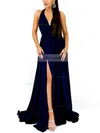 A-line Halter Jersey Sweep Train Split Front Prom Dresses #Favs020107865