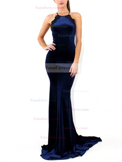 Trumpet/Mermaid Scoop Neck Velvet Sweep Train Appliques Lace Prom Dresses #Favs020107869