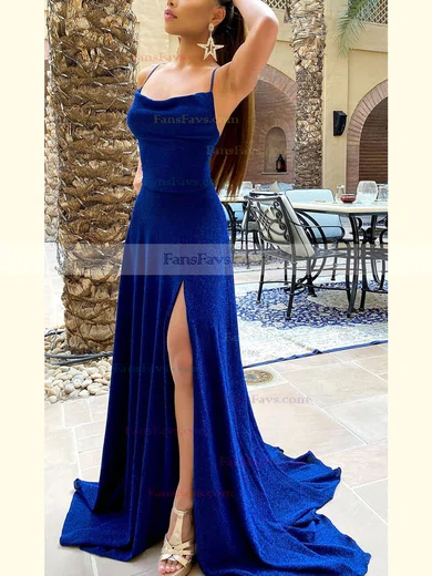 A-line Cowl Neck Glitter Sweep Train Split Front Prom Dresses #Favs020107871