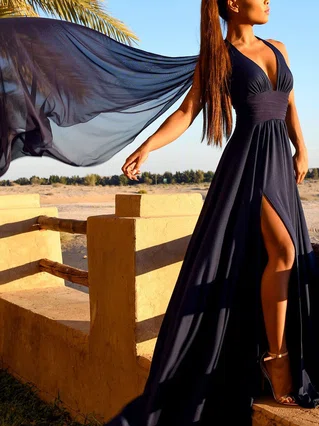 A-line Halter Chiffon Sweep Train Split Front Prom Dresses #Favs020107872