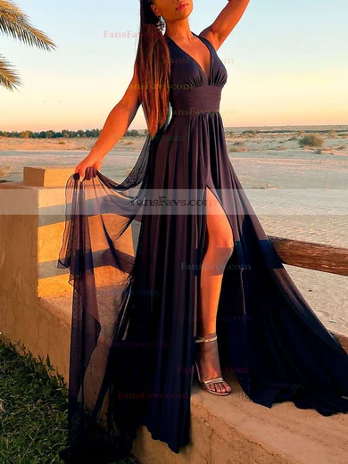 A-line Halter Chiffon Sweep Train Split Front Prom Dresses #Favs020107872