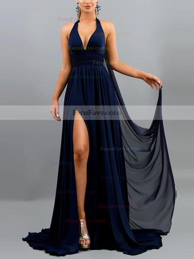 A-line Halter Chiffon Sweep Train Split Front Prom Dresses #Favs020107872