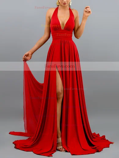 A-line Halter Chiffon Sweep Train Split Front Prom Dresses #Favs020107872