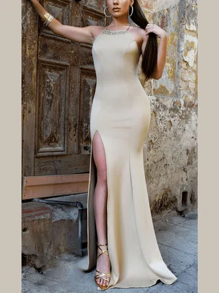 Trumpet/Mermaid Scoop Neck Satin Sweep Train Beading Prom Dresses #Favs020107874 Trumpet/Mermaid Scoop Neck Satin Sweep Train Beading Prom Dresses #Favs020107874