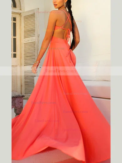 A-line V-neck Jersey Sweep Train Split Front Prom Dresses #Favs020107877