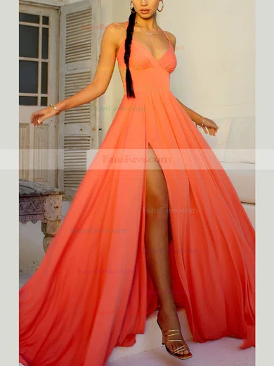 A-line V-neck Jersey Sweep Train Split Front Prom Dresses #Favs020107877