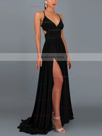 A-line V-neck Jersey Sweep Train Split Front Prom Dresses #Favs020107877