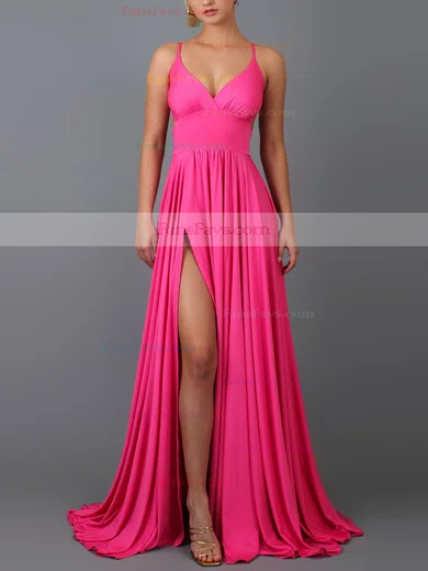 A-line V-neck Jersey Sweep Train Split Front Prom Dresses #Favs020107877