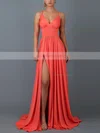 A-line V-neck Jersey Sweep Train Split Front Prom Dresses #Favs020107877