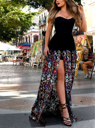 A-line Strapless Lace Velvet Sweep Train Split Front Prom Dresses #Favs020107881 A-line Strapless Lace Velvet Sweep Train Split Front Prom Dresses #Favs020107881